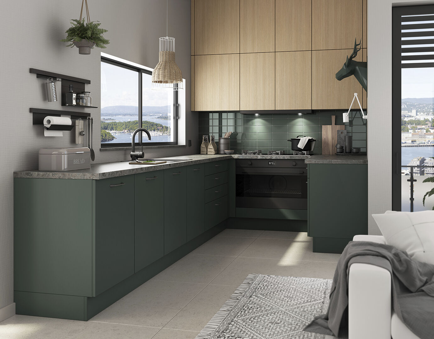 Optimaal ruimte gebruik in deze trendy groene keuken