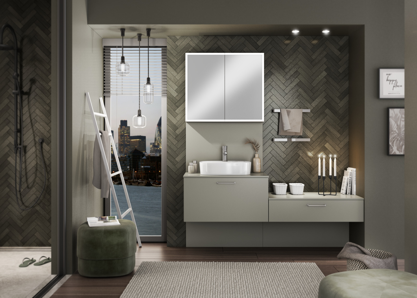 Moderne badkamer, wastafel met verschillende hoogte en zonder randen.